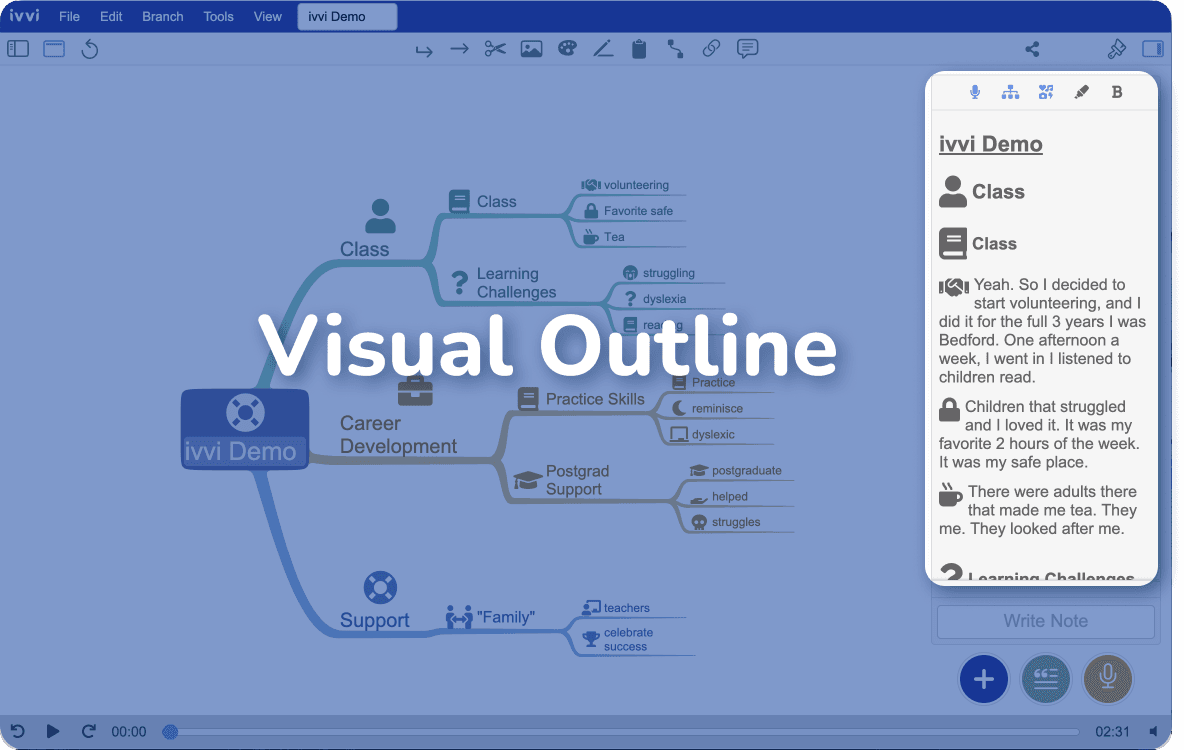 Outline mode connected with a mind map